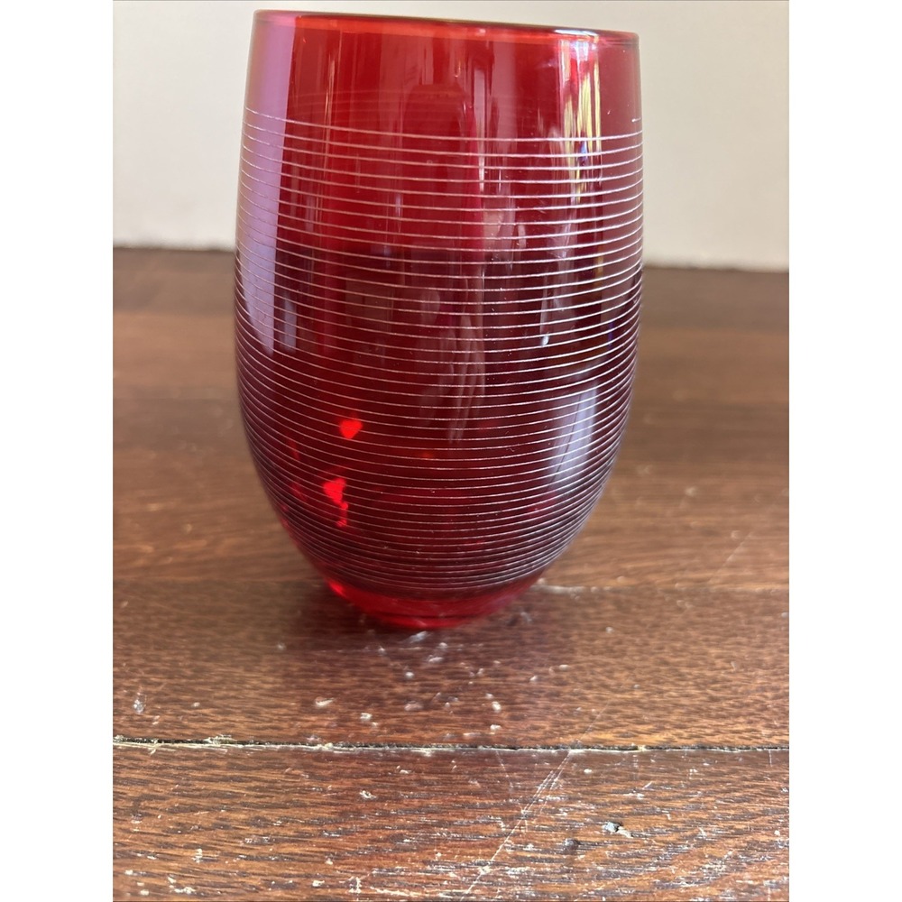 Cheers Ruby Red Mikasa Stemless Wine Glass Replacement Thin Line Etched To Clear